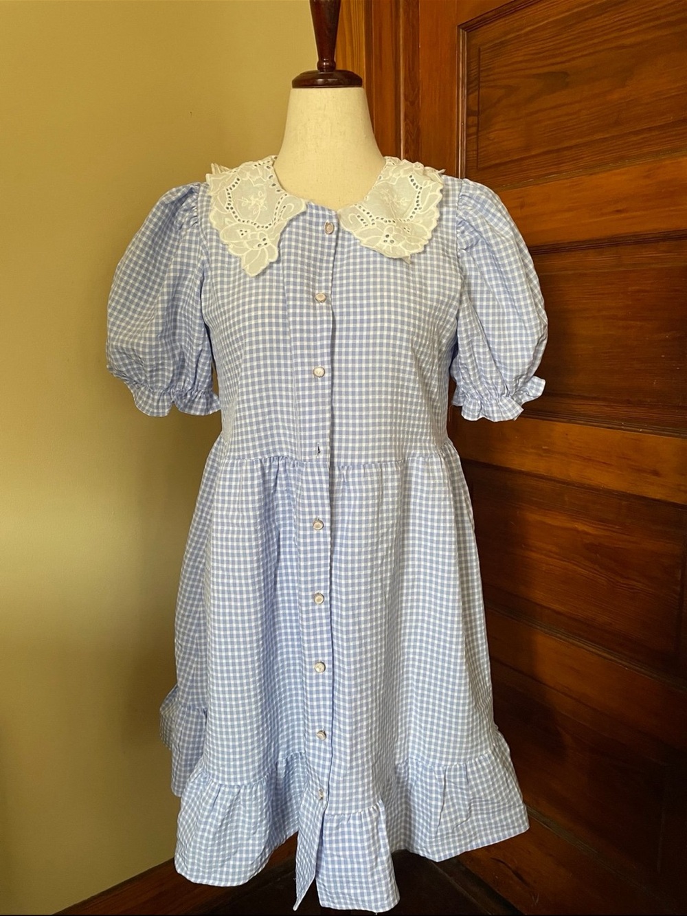 Light Blue Gingham Midi Dress with Lace Collar